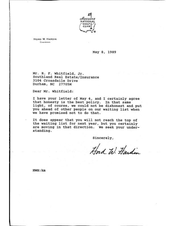 The 1989 letter written from Augusta National Golf Club chairman Hord Hardin to Buddy Whitfield.
